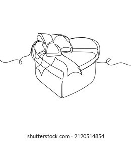 Continuous one simple single abstract line drawing of heart shaped box icon in silhouette on a white background. Linear stylized.