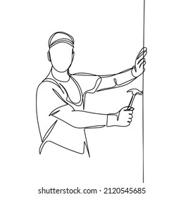 Continuous one simple single abstract line drawing of handyman in uniform working with hammer icon in silhouette on a white background. Linear stylized.