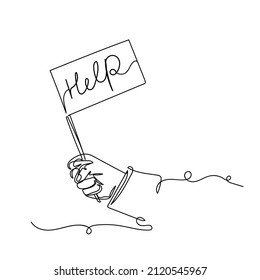 Continuous one simple single abstract line drawing of flag with text help in hand icon in silhouette on a white background. Linear stylized.