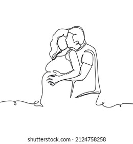 Continuous one simple single abstract line drawing of happy beautiful couple in love pregnant woman icon in silhouette on a white background. Linear stylized.
