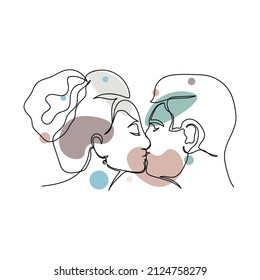 Continuous one simple single abstract line drawing of happy kissing woman and husband icon in silhouette on a white background. Linear stylized.
