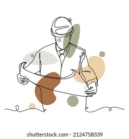 Continuous one simple single abstract line drawing of constructor foreman worker with helmet icon in silhouette on a white background. Linear stylized.