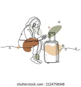 Continuous one simple single abstract line drawing of woman wearing a mask for prevent virus with baggage icon in silhouette on a white background. Linear stylized.