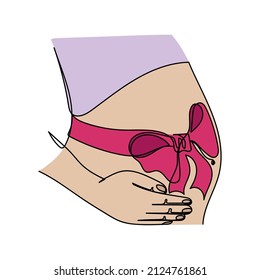 Continuous one simple single abstract line drawing of pregnant woman with ribbon tie bow icon in silhouette on a white background. Linear stylized.