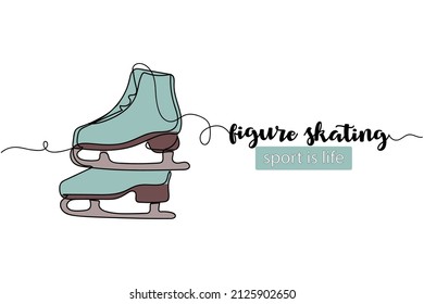 Continuous One Simple Single Abstract Line Drawing Of Pair Of Ice Skates Figure Skating Icon In Silhouette On A White Background. Linear Stylized.