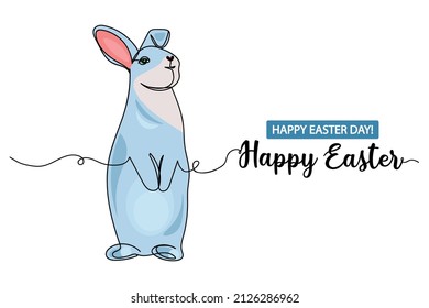 Continuous one simple single abstract line drawing of rabbit sat up easter day animal icon in silhouette on a white background. Linear stylized.