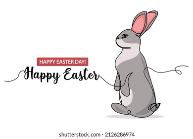 Continuous one simple single abstract line drawing of rabbit sat up easter day animal icon in silhouette on a white background. Linear stylized.