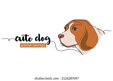 Continuous One Simple Single Abstract Line Drawing Of Beagle Dog Portrait Icon In Silhouette On A White Background. Linear Stylized.