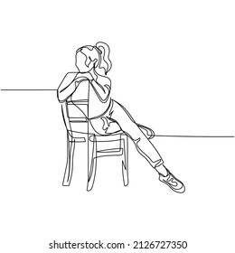 Continuous one simple single abstract line drawing of beautiful lady woman girl sitting on the chair portrait icon in silhouette on a white background. Linear stylized.