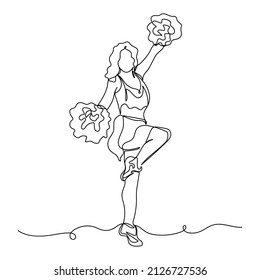 Continuous one simple single abstract line drawing of beautiful cheerleader gimtastic woman portrait icon in silhouette on a white background. Linear stylized.