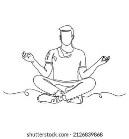 Continuous one simple single abstract line drawing of man meditating sport concept icon in silhouette on a white background. Linear stylized.