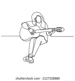 Continuous one simple single abstract line drawing of girl sitting holding a guitar icon in silhouette on a white background. Linear stylized.