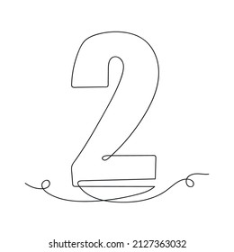 Continuous one simple single abstract line drawing of number two icon in silhouette on a white background. Linear stylized.