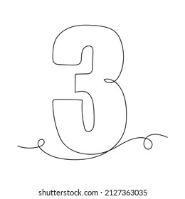 Continuous one simple single abstract line drawing of number three icon in silhouette on a white background. Linear stylized.