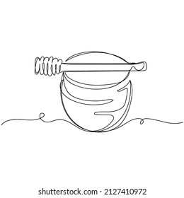 Continuous one simple single abstract line drawing of glass jar with honey and honey dipper icon in silhouette on a white background. Linear stylized.