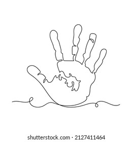 Kontinuierlich eine einfache, abstrakte Linienzeichnung von Handdrucksymbol in Silhouette auf weißem Hintergrund. Linear stilisiert.