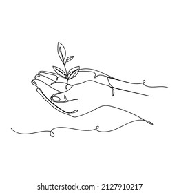 Continuous one simple single abstract line drawing of plant  with hand holding nature icon in silhouette on a white background. Linear stylized.