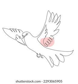 Continuous one simple single abstract line drawing of dove bird flying icon vector illustration concept