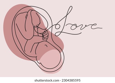 Continuous one simple single abstract line art drawing of a baby in mother womb of pregnant woman in silhouette on a pink background with the word baby.