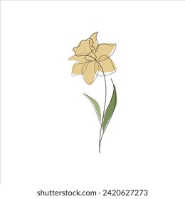 Continuous one simple single abstract line drawing of daffodil flower icon in silhouette on a white background. Linear stylized.