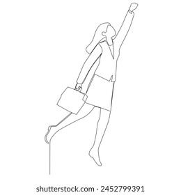 Continuous one simple single abstract line drawing of happy business woman with briefcase catching in a high. Progressive in business concept