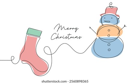 Continuous one simple single abstract line drawing of snowman and christmas sock icon vector illustration concept.