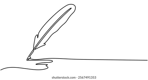 Continuous one simple single abstract line drawing of vintage fountain pen with inkwell icon in silhouette on a white background. Linear stylized, Continuous one simple single abstract line drawing.