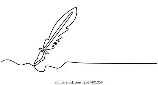 Continuous one simple single abstract line drawing of vintage fountain pen with inkwell icon in silhouette on a white background. Linear stylized, Continuous one simple single abstract line drawing.