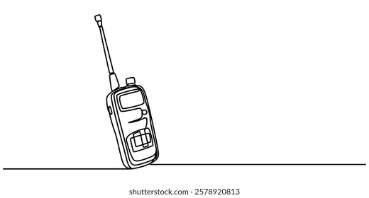 Continuous one simple single abstract line drawing of mobile walkie talkie icon in silhouette on a white background. Linear stylized, Continuous one line drawing of walkie talkie, outline pro vector.