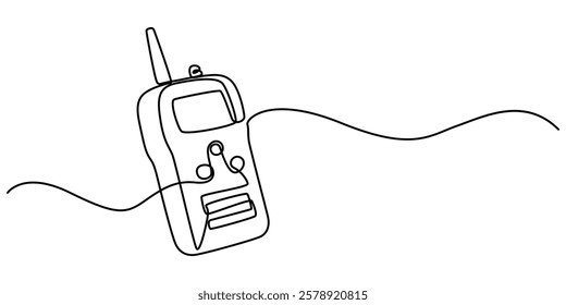 Continuous one simple single abstract line drawing of mobile walkie talkie icon in silhouette on a white background. Linear stylized, Continuous one line drawing of walkie talkie, outline pro vector.