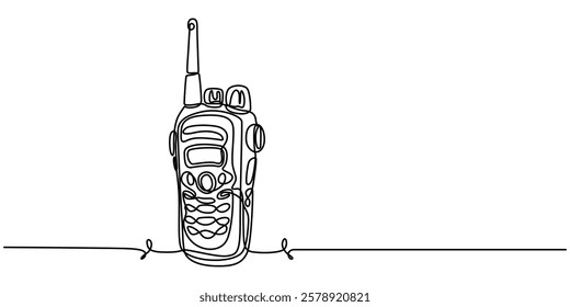 Continuous one simple single abstract line drawing of mobile walkie talkie icon in silhouette on a white background. Linear stylized, Continuous one line drawing of walkie talkie, outline pro vector.