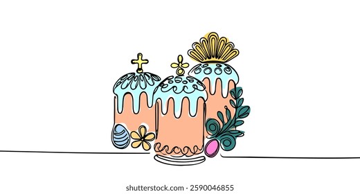 Continuous one simple single abstract line drawing of easter cakes with traditional decoration in silhouette on a white background. Linear stylized.