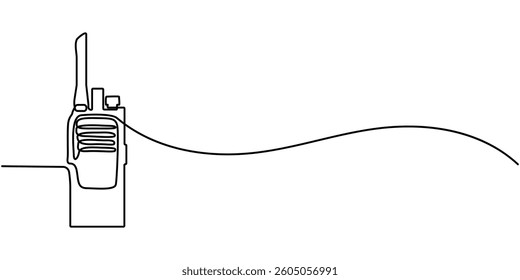 Continuous one simple single abstract line drawing of mobile walkie talkie icon in silhouette on a white background. Linear stylized, Continuous one line drawing of walkie talkie, outline pro vector.