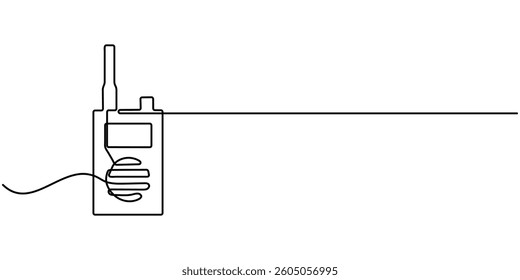 Continuous one simple single abstract line drawing of mobile walkie talkie icon in silhouette on a white background. Linear stylized, Continuous one line drawing of walkie talkie, outline pro vector.