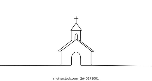 Continuous one simple single abstract line drawing of old church icon ,Church Single continuous line illustration ,continuous line of churches. one line drawing of church, Christian religious place 