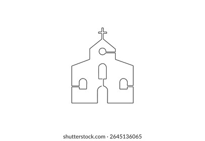 Continuous one simple single abstract line drawing of old church icon ,Church Single continuous line illustration ,  Vintage religion cathedral in editable stroke.