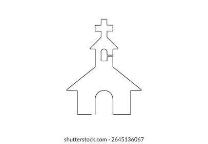 Continuous one simple single abstract line drawing of old church icon ,Church Single continuous line illustration ,  Vintage religion cathedral in editable stroke.
