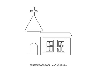 Continuous one simple single abstract line drawing of old church icon ,Church Single continuous line illustration ,  Vintage religion cathedral in editable stroke.