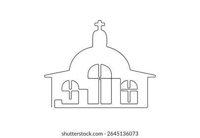 Continuous one simple single abstract line drawing of old church icon ,Church Single continuous line illustration ,  Vintage religion cathedral in editable stroke.