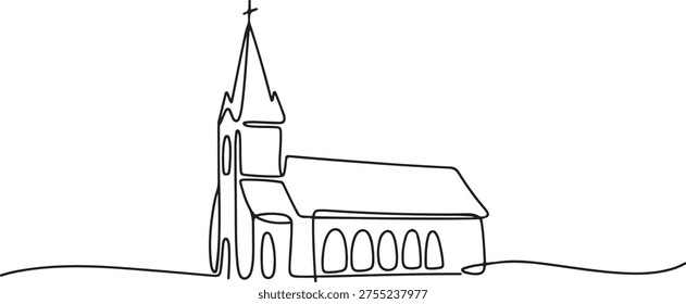 Continuous one simple single abstract line drawing of old church icon ,Church Single continuous line illustration ,continuous line of churches. one line Art icon drawing
