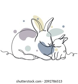 Continuous one simple single line drawing of mother rabbit with baby bunny icon in silhouette on a white background. Linear stylized.