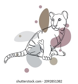 Continuous one simple single line drawing of baby tiger sitting icon in silhouette on a white background. Linear stylized.