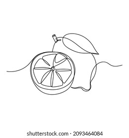 Continuous one simple single line drawing of lemon fruit and sliced icon in silhouette on a white background. Linear stylized.