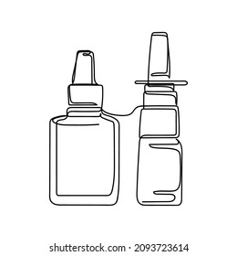 Continuous one simple single line drawing of two spray plastic bottles icon in silhouette on a white background. Linear stylized.