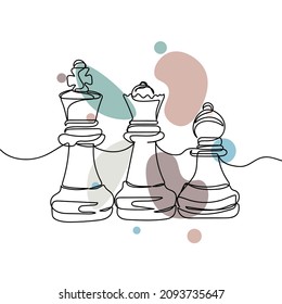 Continuous one simple single line drawing of chess pieces icon in silhouette on a white background. Linear stylized.