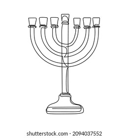 Continuous one simple single line drawing of hanukkah menorah icon in silhouette on a white background. Linear stylized.