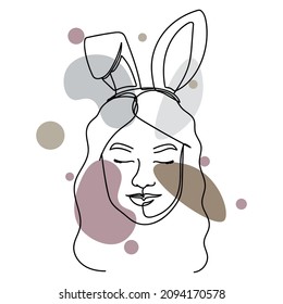 Continuous one simple single line drawing of female with bunny ears icon in silhouette on a white background. Linear stylized.