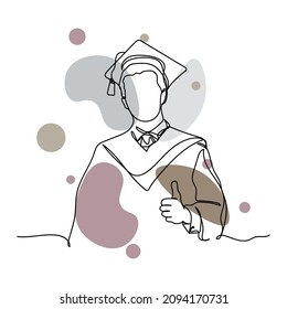 Continuous one simple single line drawing of graduating student icon in silhouette on a white background. Linear stylized.