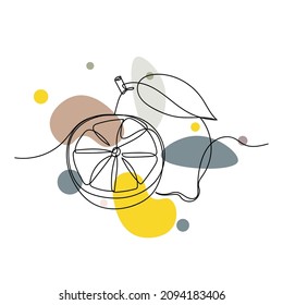 Continuous one simple single line drawing of lemon fruit and sliced icon in silhouette on a white background. Linear stylized.