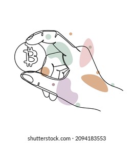 Continuous one simple single line drawing of hand holding bitcoin coin icon in silhouette on a white background. Linear stylized.